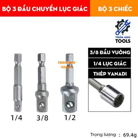 Bộ 3 đầu chuyển từ bắn vít sang bu lông các cỡ 1/4 3/8 1/2 đa năng, đầu chuyển từ máy vặn vít sang máy siết ốc
