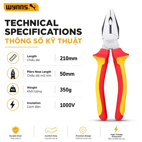 Kìm điện 6 8 inch cách điện 1000V tiêu chuẩn VDE của Đức Wynn's chính hãng, kềm điện chịu điện cao áp chuyên dụng