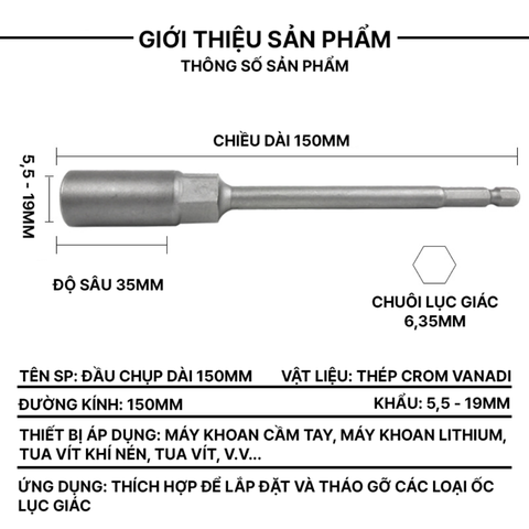 Đầu Chụp Lục Giác Dài 150mm Thép Crom Vanadi Siêu Bền Chuôi 6.35mm