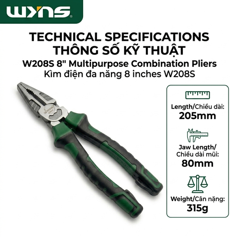 Kìm điện đa năng 8 inch Wynn's W208S - Thép CR-V cao cấp, chuyên dùng cắt, ép dây, kẹp giữ - Chính hãng