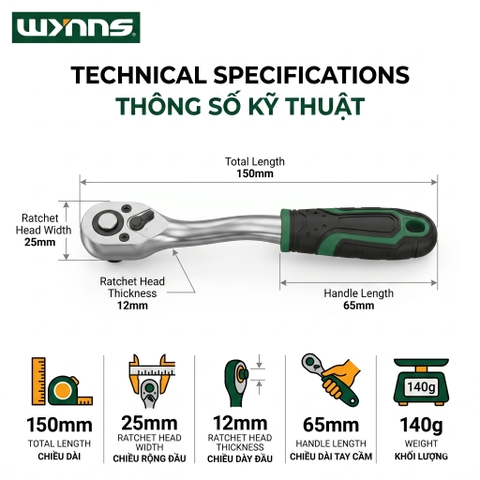 (W2595A) Cờ lê bánh cóc tay cầm cong 1/4