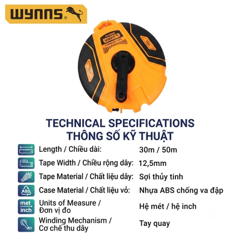 Thước dây sợi thủy tinh cao cấp Wynn's 30m 50m Thước cuộn, thước vải, thước đo công trình chuyên dụng
