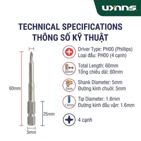 Mũi bắn vít đầu 4 cạnh chiều dài 60mm Wynn’s Tools đủ các cỡ