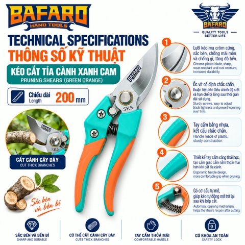 Kéo cắt cành xanh cam Bafaro