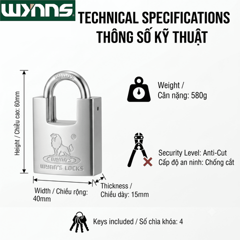 Ổ khóa treo chống cắt Wynn's đủ các cỡ chất liệu thép hợp kim chống nước chống trộm, khóa treo chống cắt bảo vệ nhà cửa