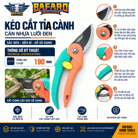 Kéo cắt cành cán nhựa lưỡi đen Bafaro