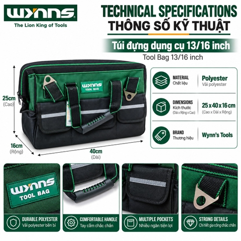 Túi đựng dụng cụ W41901 Wynn's Tools kích cỡ 13 16 inch, túi đựng đồ nghề dung tích lớn nhiều ngăn kèm quai đeo chéo