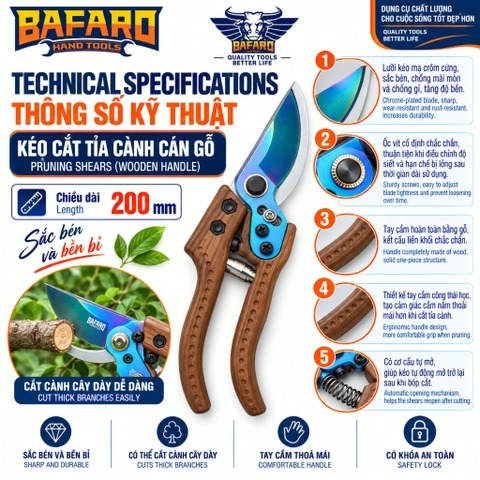 Kéo cắt cành cán gỗ Bafaro