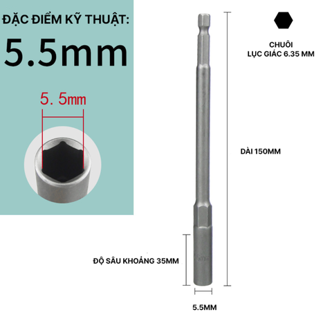 Đầu Chụp Lục Giác Dài 150mm Thép Crom Vanadi Siêu Bền Chuôi 6.35mm