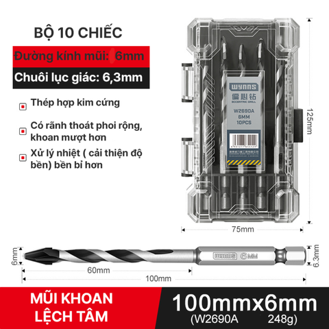 Combo 10 mũi khoan lệch tâm 6mm Wynn's