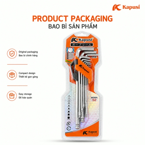 Bộ lục giác bi 9 chi tiết Kapusi Japan cao cấp chất liệu S2 dày dặn cứng cáp, bộ lục giác bi chất lượng nhật bản