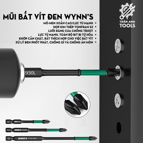 Mũi bắt vít đen PH2 chiều dài 65 90 150mm Wynn's đầu có rãnh chống trượt, Mũi bắn vít từ tính đa năng phủ Photphat đen