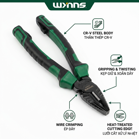Kìm điện đa năng 8 inch Wynn's W208S - Thép CR-V cao cấp, chuyên dùng cắt, ép dây, kẹp giữ - Chính hãng