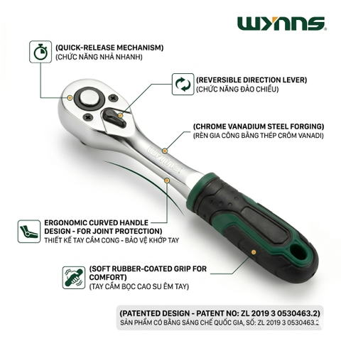 (W2595A) Cờ lê bánh cóc tay cầm cong 1/4
