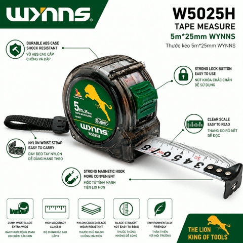Thước Mét Cuộn 5m Wynns Super W5025H Thước Đo Cầm Tay Bản 25mm Chống Trượt Chính Xác Dụng Cụ Đo Lường Đa Năng