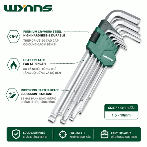 Bộ Lục Giác 9 Chi Tiết W9920A Wynns Thép CR-V Siêu Dài Chìa Khóa Allen Đầu Bi Vặn Ốc Lục Giác Chính Hãng Đa Năng