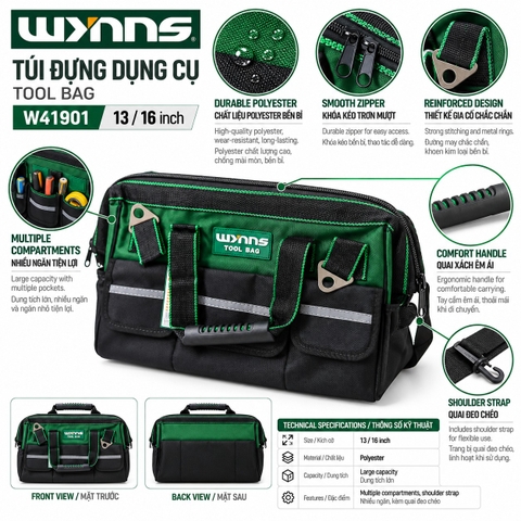 Túi đựng dụng cụ W41901 Wynn's Tools kích cỡ 13 16 inch, túi đựng đồ nghề dung tích lớn nhiều ngăn kèm quai đeo chéo
