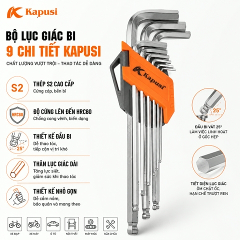 Bộ lục giác bi 9 chi tiết Kapusi Japan cao cấp chất liệu S2 dày dặn cứng cáp, bộ lục giác bi chất lượng nhật bản