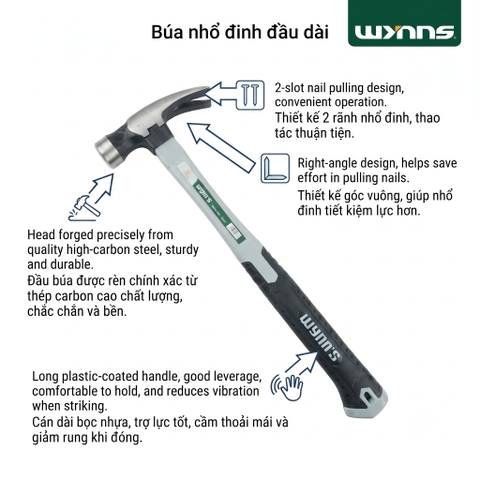 Búa nhổ đinh đầu dài Wynn's cao cấp chiều dài 40cm, búa đóng nhổ đinh cầm tay công nghiệp có bọc cán
