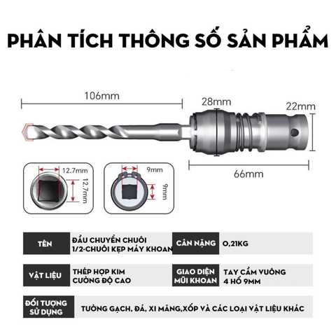 Đầu Chuyển Chuôi 1/2 Sang Chuôi Kẹp Máy Khoan Bê Tông