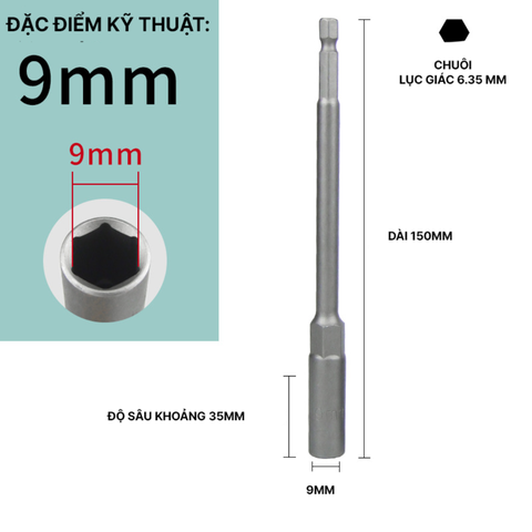 Đầu Chụp Lục Giác Dài 150mm Thép Crom Vanadi Siêu Bền Chuôi 6.35mm