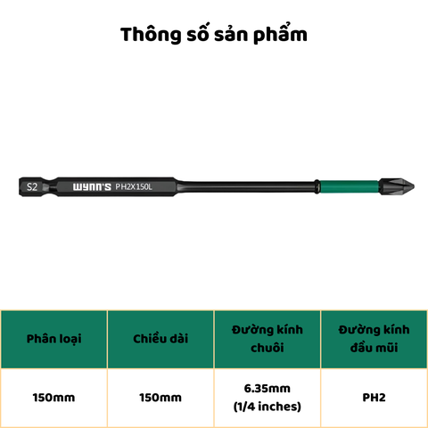 Mũi bắt vít đen PH2 chiều dài 65 90 150mm Wynn's đầu có rãnh chống trượt, Mũi bắn vít từ tính đa năng phủ Photphat đen