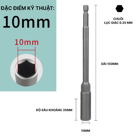 Đầu Chụp Lục Giác Dài 150mm Thép Crom Vanadi Siêu Bền Chuôi 6.35mm