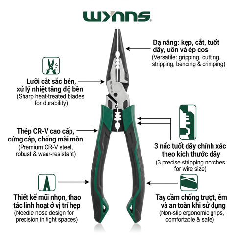 Kìm Mũi Nhọn Đa Năng W3461 200mm Thép Hợp Kim Có Lưỡi Cắt Tay Cầm Chống Trượt Wynns Kìm Điện Cơ Khí Chính Hãng