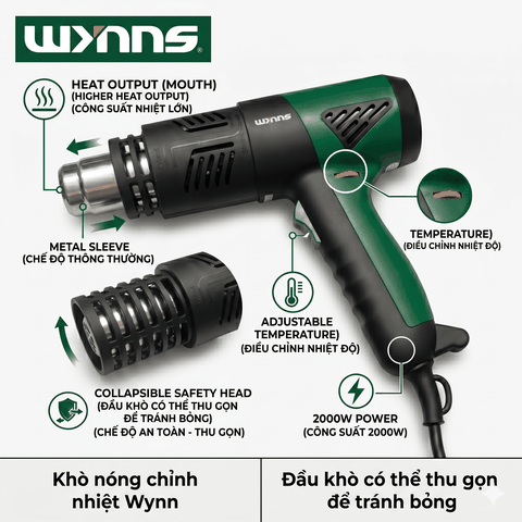 (W3390) Súng thổi khí nóng điều chỉnh nhiệt độ 2000W chống bỏng