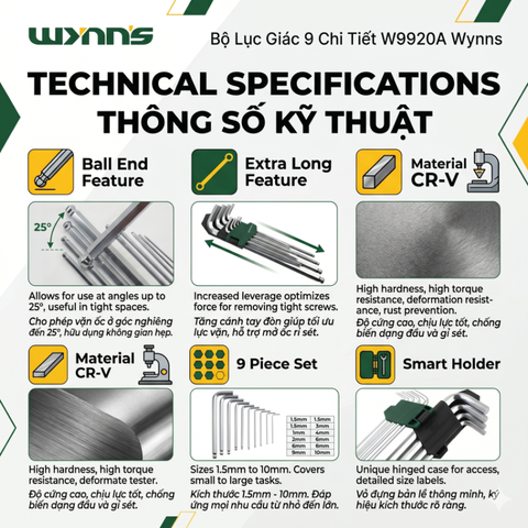 Bộ Lục Giác 9 Chi Tiết W9920A Wynns Thép CR-V Siêu Dài Chìa Khóa Allen Đầu Bi Vặn Ốc Lục Giác Chính Hãng Đa Năng