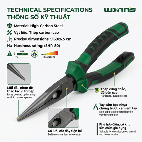 Kìm Mũi Dài 8 Inch 200mm Thép Cứng Cán Bọc Cao Su Chống Trượt Wynns Super Pliers Kìm Kẹp Cơ Khí Điện Gia Dụng
