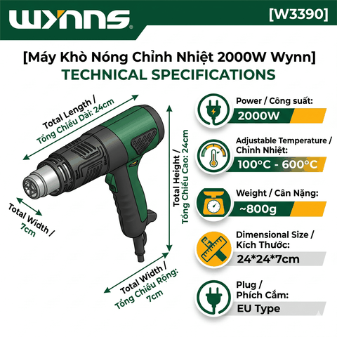 (W3390) Súng thổi khí nóng điều chỉnh nhiệt độ 2000W chống bỏng