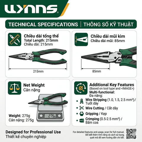 Kìm Mũi Nhọn Đa Năng W3461 200mm Thép Hợp Kim Có Lưỡi Cắt Tay Cầm Chống Trượt Wynns Kìm Điện Cơ Khí Chính Hãng