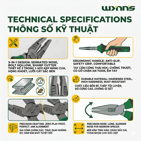 Kìm Điện 200mm Chính Hãng Wynns Super Pliers Thép Cứng Cán Bọc Cao Su Chống Trơn Kìm Cắt Dây Kẹp Đa Năng Cơ Khí