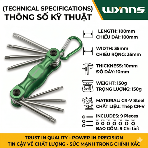 Bộ Hoa Thị Gấp Gọn Wynn's Chất liệu CRV, Bộ Lục Giác Xếp Đầu Lục giác 8 Chi Tiết Wynn's, Siêu Bền, Chất Lượng Cao