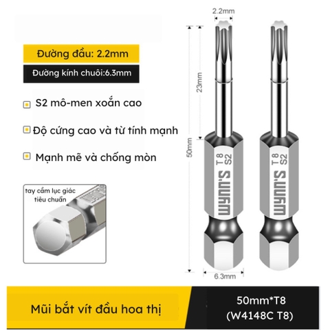 Mũi bắn vít đầu hoa thị chiều dài 50mm các cỡ T8-T40 Wynn's Tools, mũi bắt vít đầu bông mai chất liệu S2 cao cấp