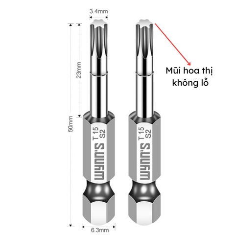 Mũi bắn vít đầu hoa thị chiều dài 50mm các cỡ T8-T40 Wynn's Tools, mũi bắt vít đầu bông mai chất liệu S2 cao cấp
