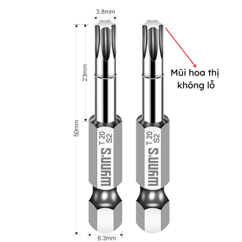 Mũi bắn vít đầu hoa thị chiều dài 50mm các cỡ T8-T40 Wynn's Tools, mũi bắt vít đầu bông mai chất liệu S2 cao cấp
