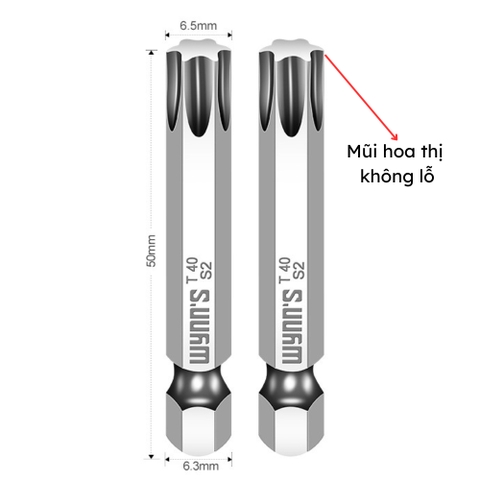Mũi bắn vít đầu hoa thị chiều dài 50mm các cỡ T8-T40 Wynn's Tools, mũi bắt vít đầu bông mai chất liệu S2 cao cấp