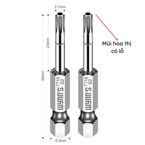 Mũi bắn vít đầu hoa thị chiều dài 50mm các cỡ T8-T40 Wynn's Tools, mũi bắt vít đầu bông mai chất liệu S2 cao cấp