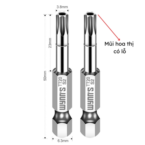 Mũi bắn vít đầu hoa thị chiều dài 50mm các cỡ T8-T40 Wynn's Tools, mũi bắt vít đầu bông mai chất liệu S2 cao cấp