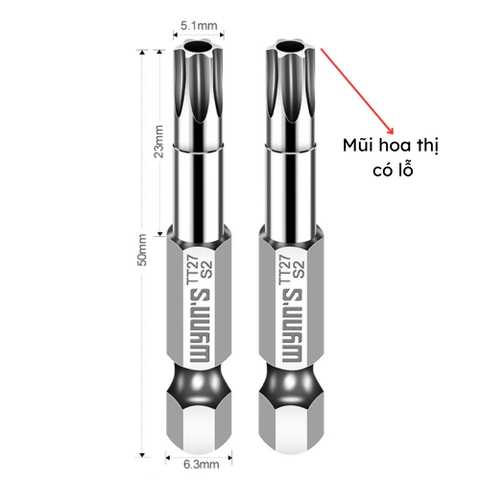 Mũi bắn vít đầu hoa thị chiều dài 50mm các cỡ T8-T40 Wynn's Tools, mũi bắt vít đầu bông mai chất liệu S2 cao cấp