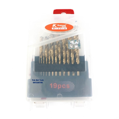 Bộ mũi khoan inox 19 chi tiết có các cỡ từ 1-10mm cao cấp Kapusi Nhật bản, hộp mũi khoan inox, thép, đồng, nhôm, gỗ