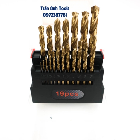 Bộ mũi khoan inox 19 chi tiết có các cỡ từ 1-10mm cao cấp Kapusi Nhật bản, hộp mũi khoan inox, thép, đồng, nhôm, gỗ