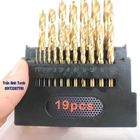 Bộ mũi khoan inox 19 chi tiết có các cỡ từ 1-10mm cao cấp Kapusi Nhật bản, hộp mũi khoan inox, thép, đồng, nhôm, gỗ