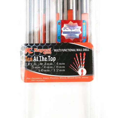 Bộ 7 mũi khoan đa năng Kapusi khoan đá, gạch, bê tông, gỗ, nhựa, sắt bao gồm các cỡ 3mm 4mm 5mm 6mm 8mm 10mm 12mm