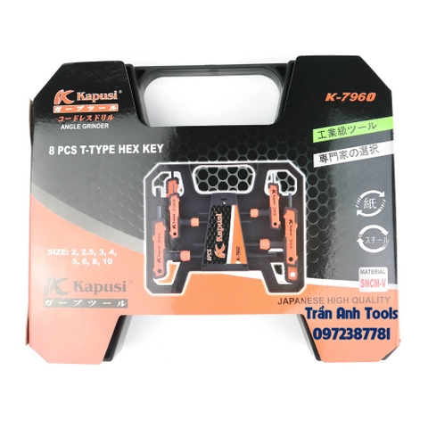 Bộ lục giác chữ T 8 chi tiết gồm các cỡ 2 2.5 3 4 5 6 8 10 Kapusi Japan, bộ lục giác tê cao cấp chất lượng Nhật Bản
