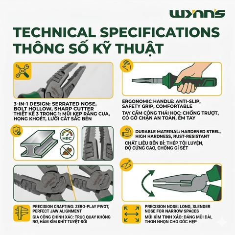 Kìm Mũi Dài 8 Inch 200mm Thép Cứng Cán Bọc Cao Su Chống Trượt Wynns Super Pliers Kìm Kẹp Cơ Khí Điện Gia Dụng