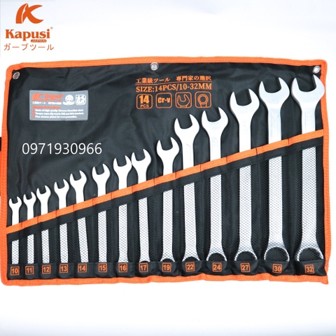 Bộ cờ lê 10-32 14 chi tiết cao cấp Kapusi Japan chất liệu thép CRV siêu cứng, bộ vòng miệng 10-32 hàng chất lượng cao