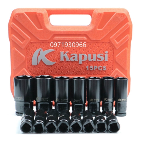 Bộ khẩu dài 15 chi tiết Kapusi mở ốc 1/2 8-32mm dùng cho máy siết bulong, bộ đầu tuýp cao cấp dùng cho máy siết bulong